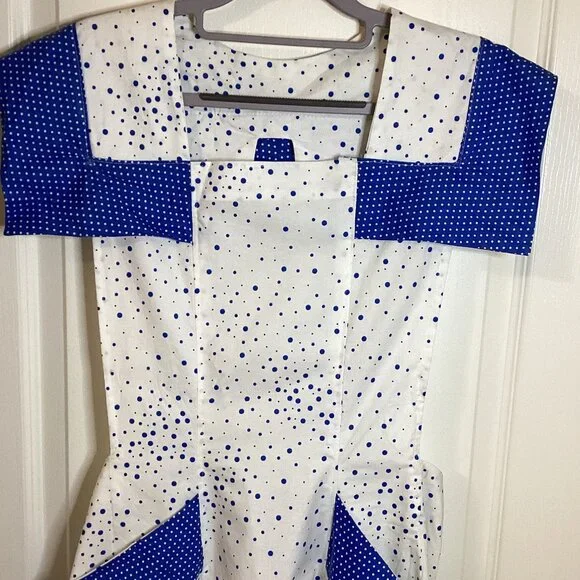 Handmade 1960's Retro Style Apron White Blue Dots Kitchen Linens Cottage Core - Picture 2 of 8